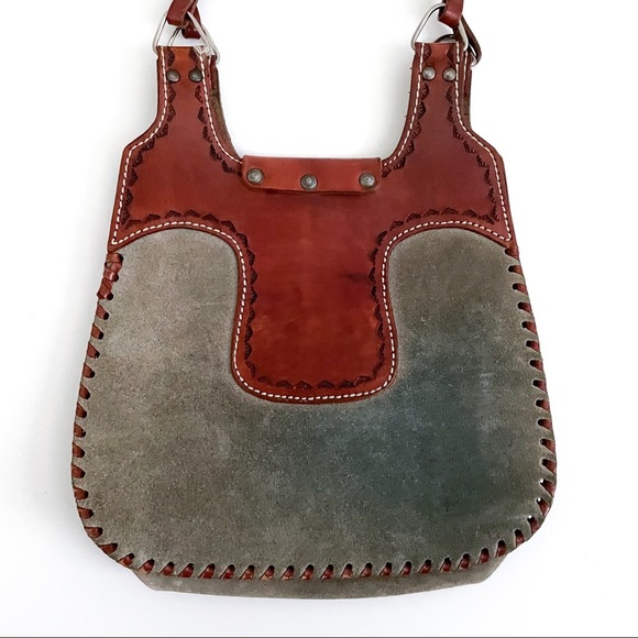 Vintage Boho Western Gray Suede Tooled Leather Crossbody - Picture 4 of 6